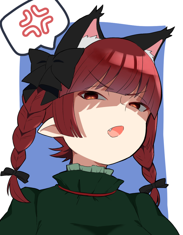 konkuri251, kaenbyou rin, touhou, commentary, 1girl, anger vein, angry, animal ears, blue background, blunt bangs, braid, cat ears, cat girl, extra ears, fang, looking at viewer, open mouth, pointy ears, red eyes, red hair, side braids, solo, spoken anger vein, twin braids, upper body