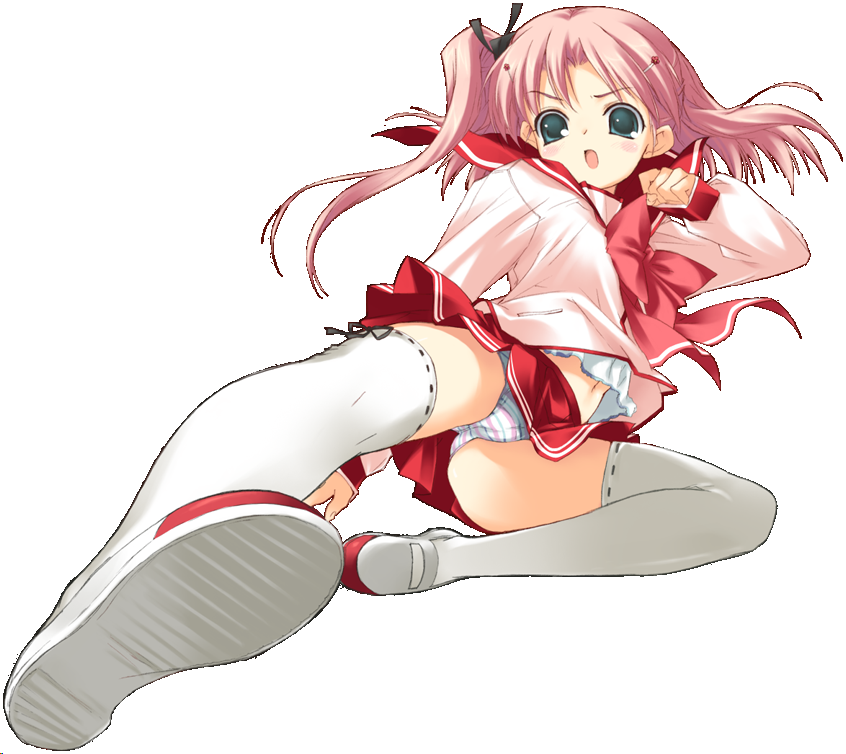 maaryan, to heart 2, multicolored clothes, striped, white legwear, 1girl, :o, angry, aqua eyes, blue panties, blush, bow, bow legwear, clenched hand, clothes lift, fighting stance, flat chest, foreshortening, hair ornament, hair ribbon, hairclip, kicking, long hair, mary janes, midriff, miniskirt, multi-colored panties, multicolored panties, navel, open mouth, panties, pantyshot, parted bangs, pink hair, pink panties, pleated skirt, ponytail, ribbon, school uniform, serafuku, shirt lift, shoes, side ponytail, skirt, solo, spread legs, striped panties, thighhighs, transparent background, underwear, upskirt, white panties, wind, wind lift