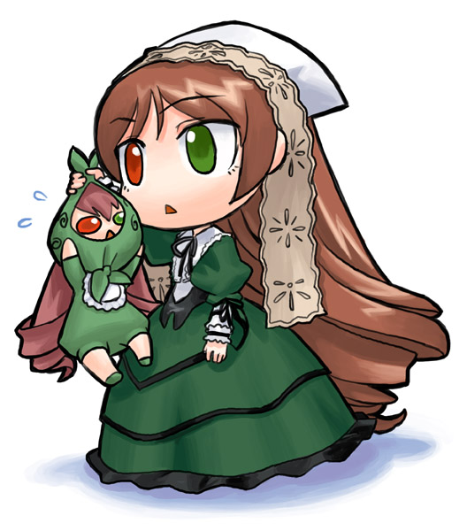 jissouseki, suiseiseki, rozen maiden, 00s, 1girl, bonnet, brown hair, chibi, chibi only, dress, female focus, full body, green dress, green eyes, headscarf, heterochromia, long hair, red eyes, simple background, solo, very long hair, white background, white headscarf