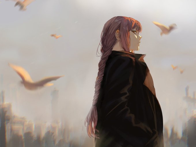 g4rrel, makima (chainsaw man), tagme, bird, black coat, coat, hands in pockets, looking at viewer, red hair