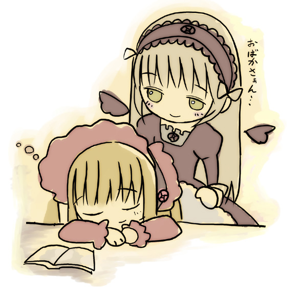 shinku, suigintou, rozen maiden, 00s, 2girls, blonde hair, book, chibi, chibi only, comic, covering with blanket, multiple girls