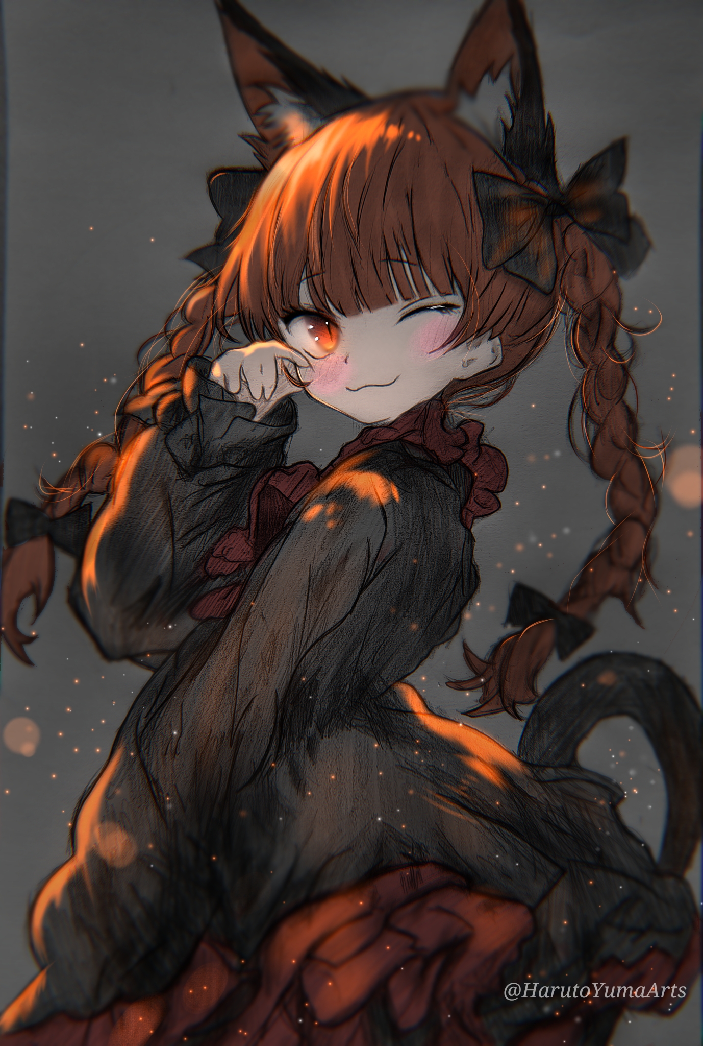 harutoyumaarts, kaenbyou rin, touhou, commentary, highres, 1girl, ;3, animal ear fluff, black bow, black dress, blunt bangs, blush, bow, braid, closed mouth, dress, grey background, hair bow, long hair, long sleeves, looking at viewer, one eye closed, red eyes, side braids, simple background, smile, twin braids, twitter username