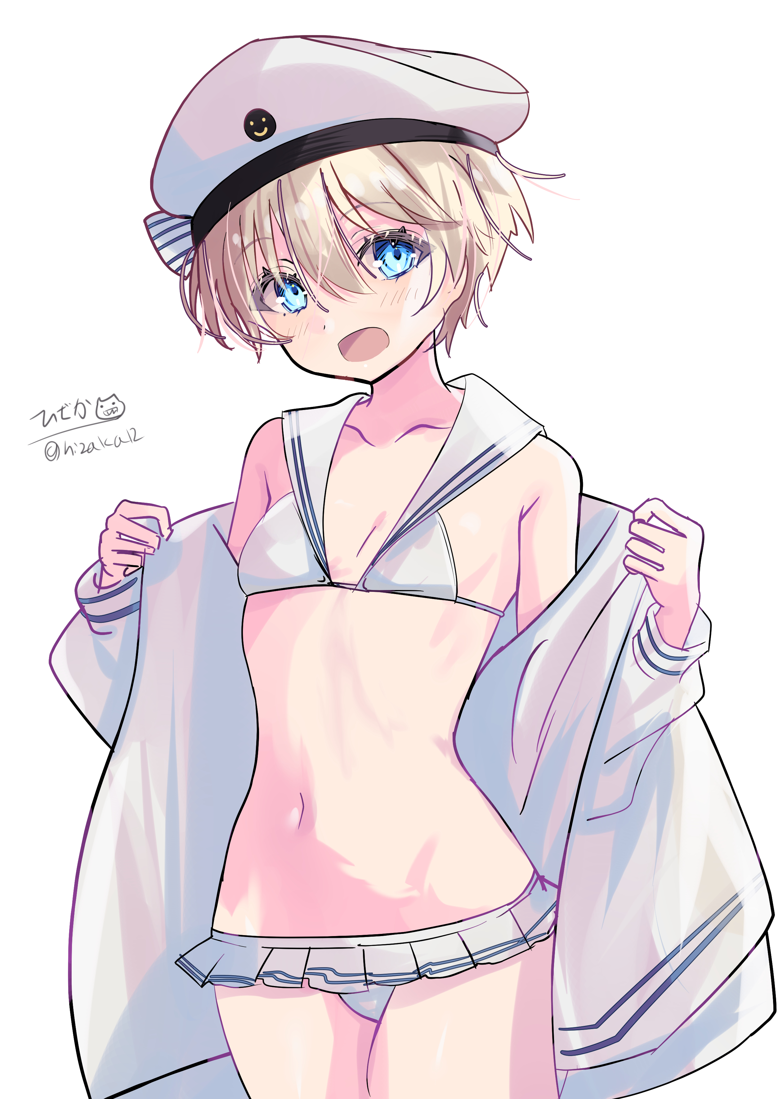 hizaka, z1 leberecht maass (kancolle), z1 leberecht maass (swimsuit) (kancolle), kantai collection, absurdres, highres, 1girl, beret, bikini, blue eyes, flat chest, hat, hay, looking at viewer, off shoulder, open clothes, open mouth, open shirt, short hair, smile, solo, swimsuit