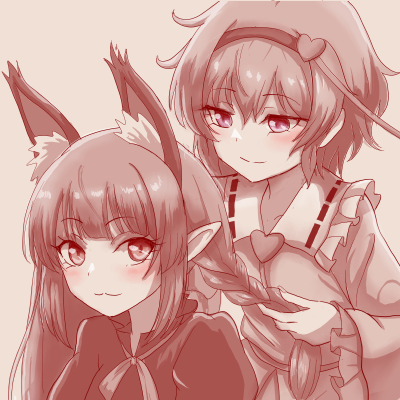 necoyngwie, kaenbyou rin, komeiji satori, touhou, commentary, lowres, 2girls, animal ears, braid, cat ears, cat girl, closed mouth, extra ears, hairband, heart, long hair, looking at another, monochrome, multiple girls, pointy ears, short hair, upper body