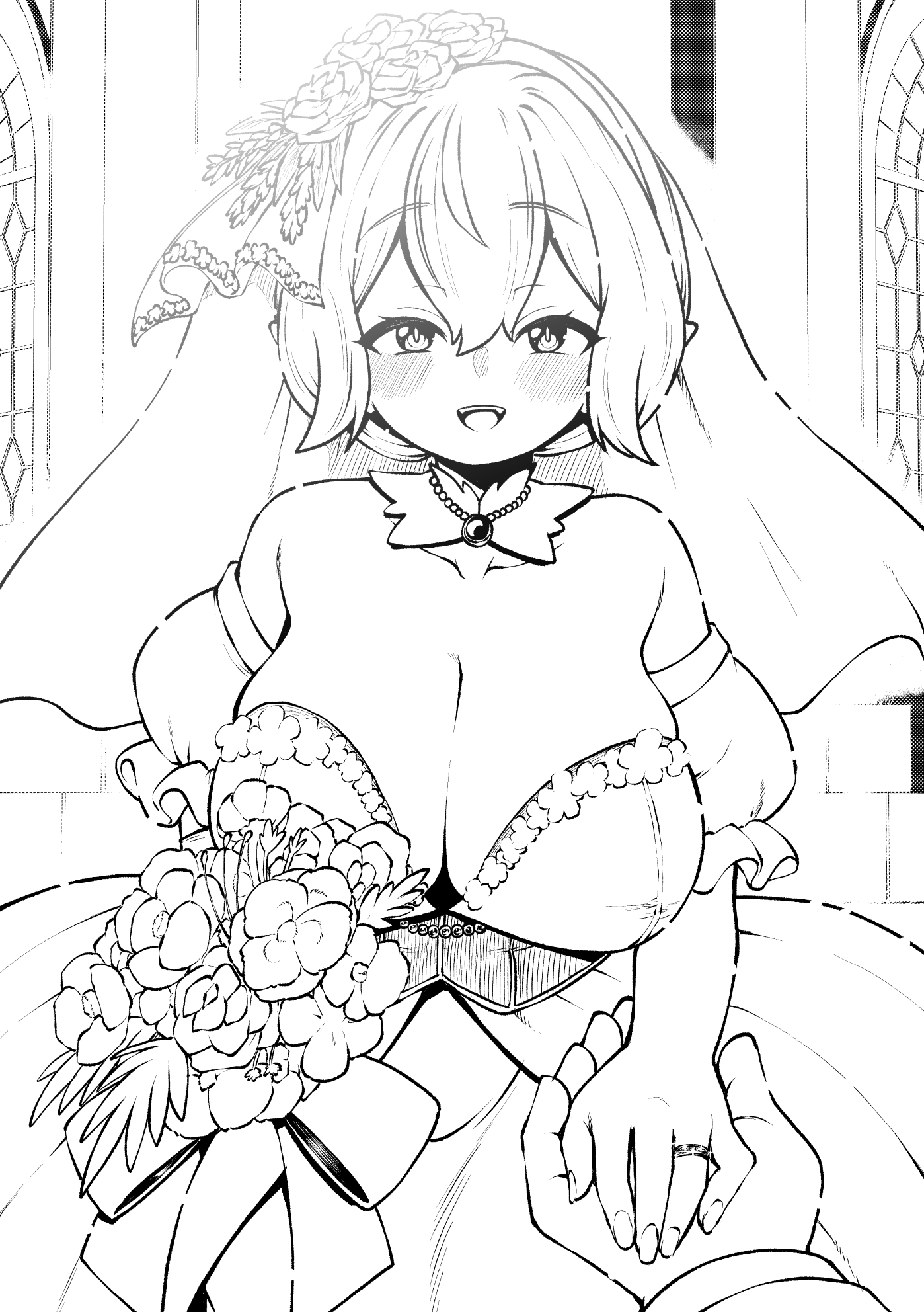 himajin noizu, mizuhashi parsee, touhou, highres, 1boy, 1girl, bouquet, breasts, bridal veil, church, cleavage, dress, flower, greyscale, indoors, large breasts, looking at viewer, monochrome, open mouth, pov, pov hands, short hair, veil, wedding dress