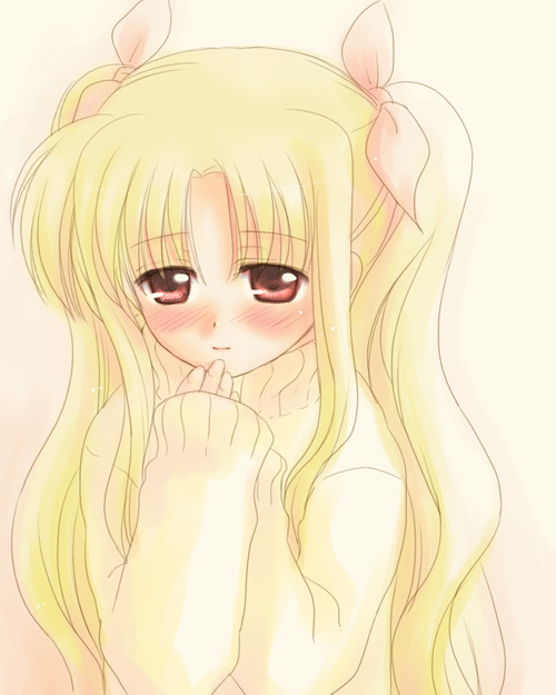 como, fate testarossa, lyrical nanoha, mahou shoujo lyrical nanoha, 00s, 1girl, blonde hair, blush, bow, female focus, hair bow, long hair, long sleeves, red eyes, solo, sweater, twintails