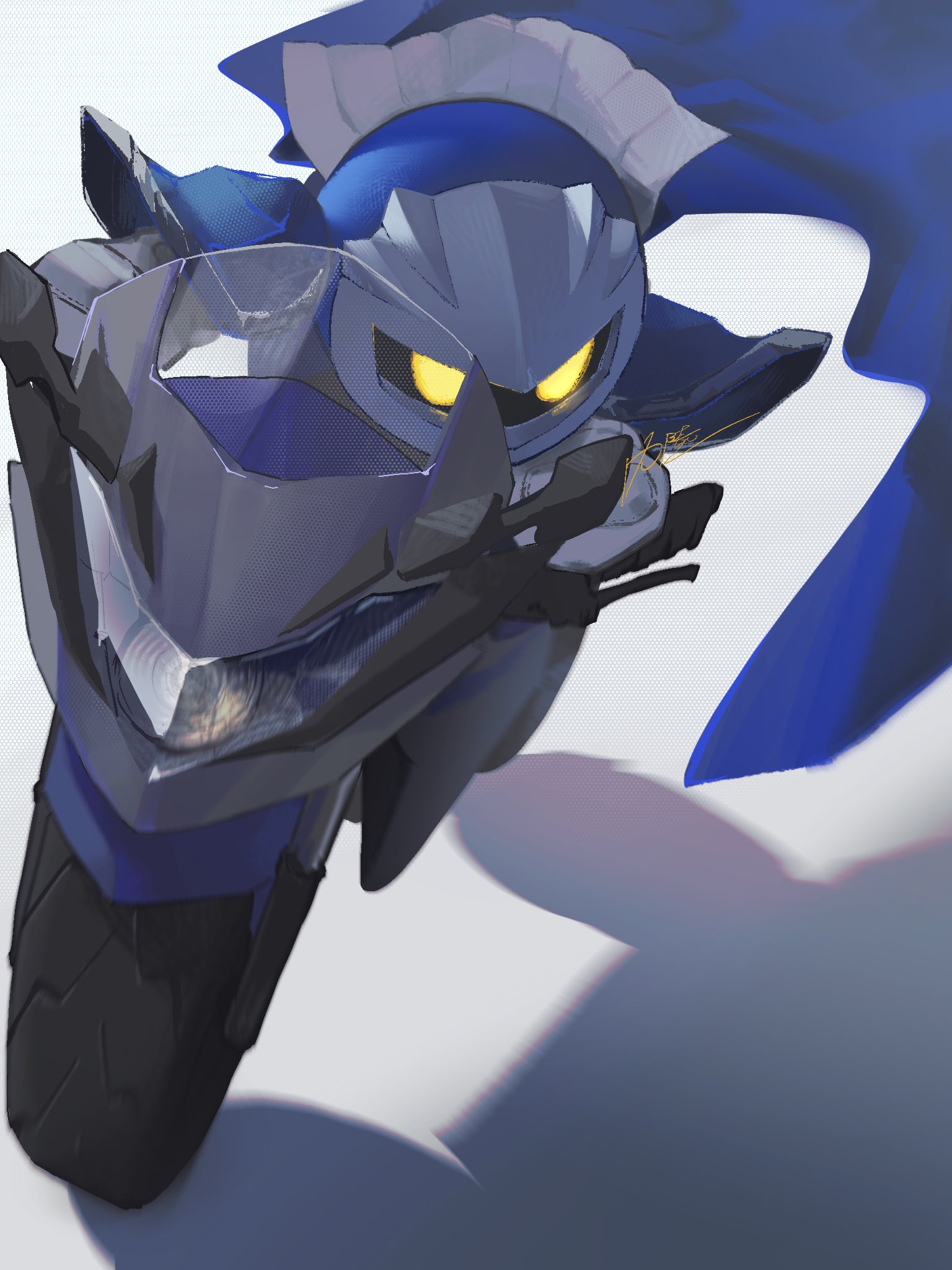n4 sukihoudai, meta knight, kirby (series), nintendo, commentary request, highres, blue cape, cape, driving, glowing, glowing eyes, mask, motor vehicle, motorcycle, no humans, simple background, solo, white background, yellow eyes