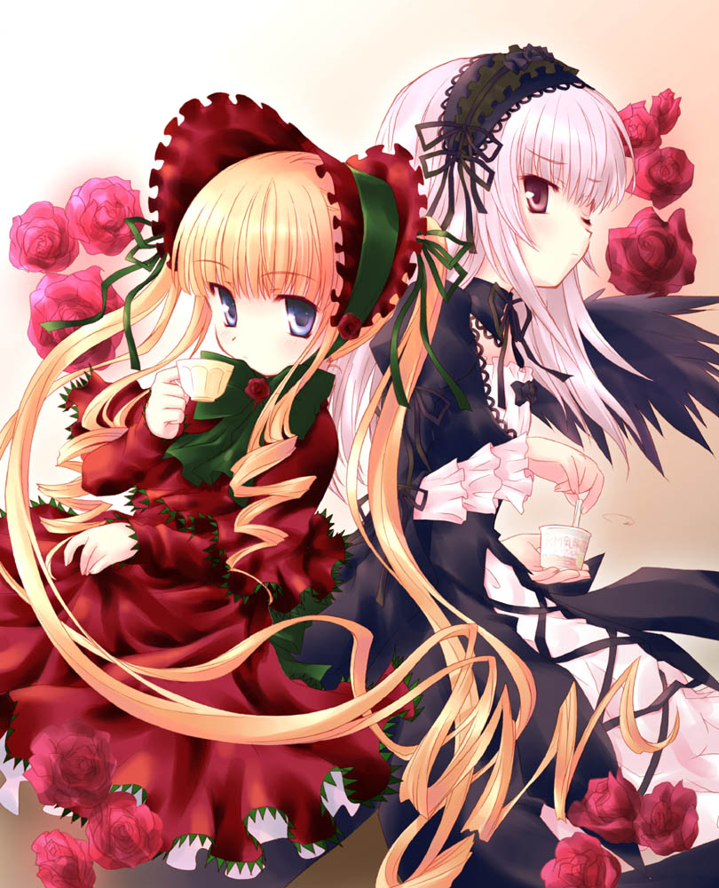 aoi kumiko, shinku, suigintou, rozen maiden, 00s, 2girls, back-to-back, black wings, blonde hair, blue eyes, bow, cup, dress, flower, grey hair, hat, lolita fashion, long hair, multiple girls, one eye closed, purple eyes, ribbon, rose, teacup, very long hair, wings