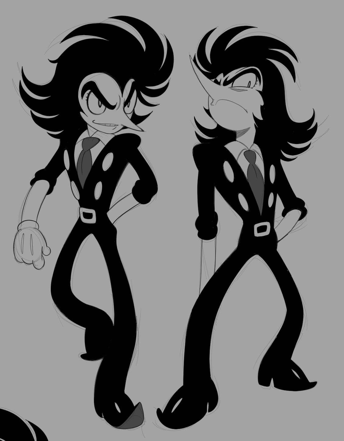 spamton g. spamton, deltarune, utdr (toby fox), highres, 1950s (style), 1boy, black hair, closed mouth, deformed, frown, long nose, male focus, no ears, pointy nose, roachgore, smile, teeth, thick eyebrows