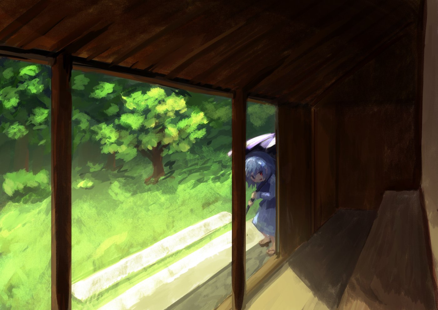 garakuraku, tatara kogasa, touhou, commentary, 1girl, blue eyes, blue hair, heterochromia, holding, holding umbrella, outdoors, porch, red eyes, short hair, solo, standing, umbrella, wooden porch