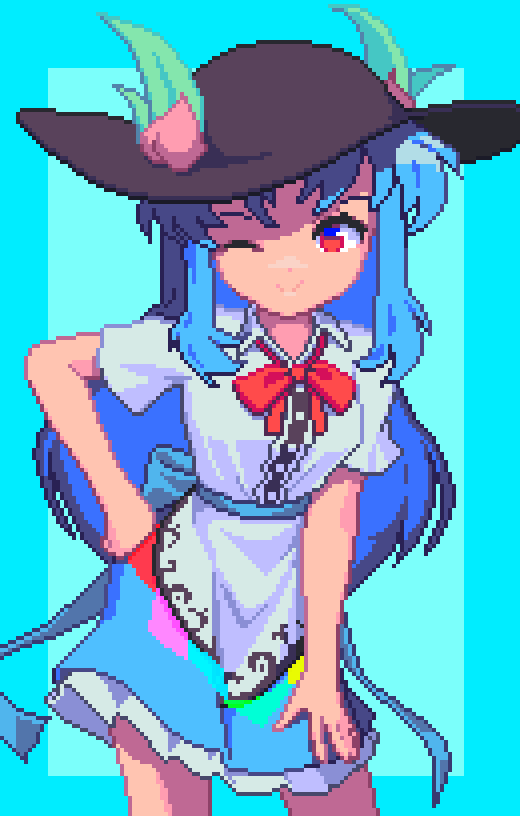 potemki11, hinanawi tenshi, touhou, 1girl, ;), black hat, blue background, blue hair, blue skirt, bow, bowtie, closed mouth, hat, hat ornament, leaf hat ornament, long hair, one eye closed, peach hat ornament, red bow, red bowtie, red eyes, skirt, smile, solo