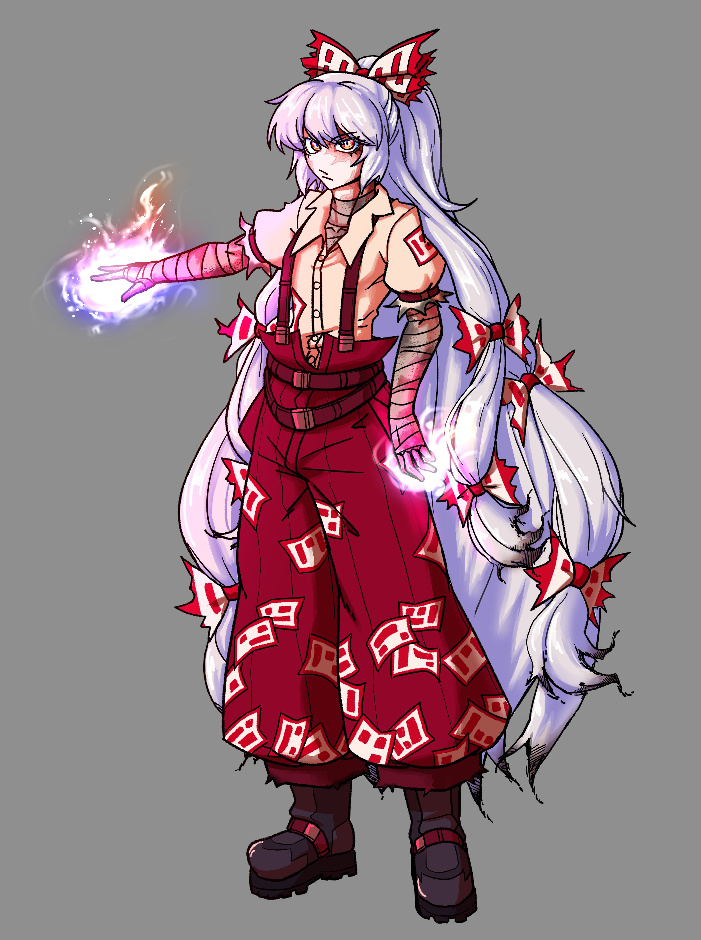 skippeaccented, fujiwara no mokou, touhou, absurdres, commentary, english commentary, highres, 1girl, bandaged arm, bandages, boots, bow, closed mouth, fire, full body, grey background, hair bow, long hair, looking at viewer, ofuda, ofuda on clothes, pants, pyrokinesis, red pants, shirt, simple background, solo, suspenders, very long hair, white hair, white shirt