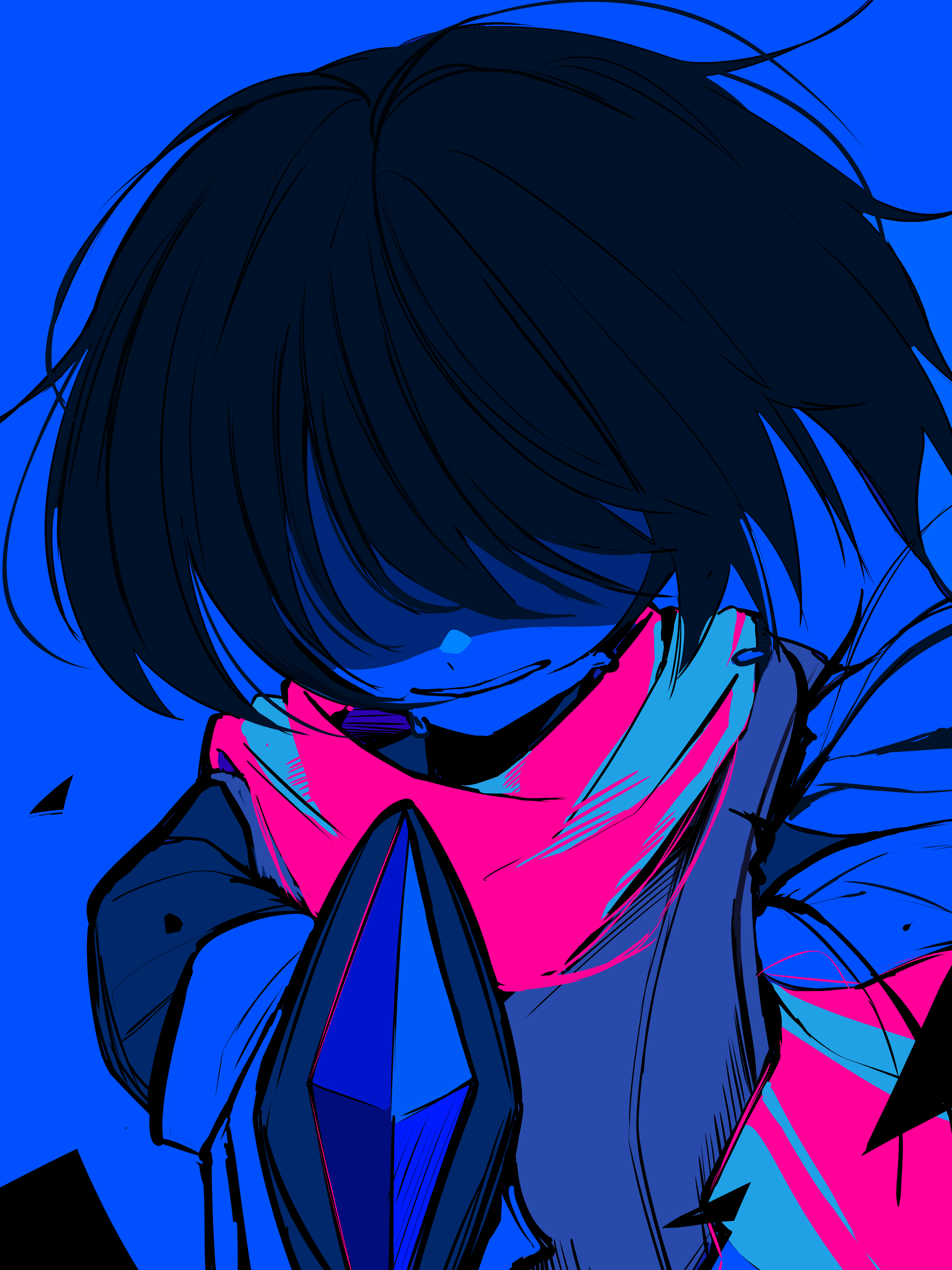 kris (dark world) (deltarune), kris (deltarune), deltarune, utdr (toby fox), absurdres, commentary request, highres, 1other, blue background, blue theme, hair over eyes, holding, holding sword, holding weapon, other focus, pink scarf, pointing melee weapon, pointing sword, raique, scarf, short hair, solo, sword, weapon