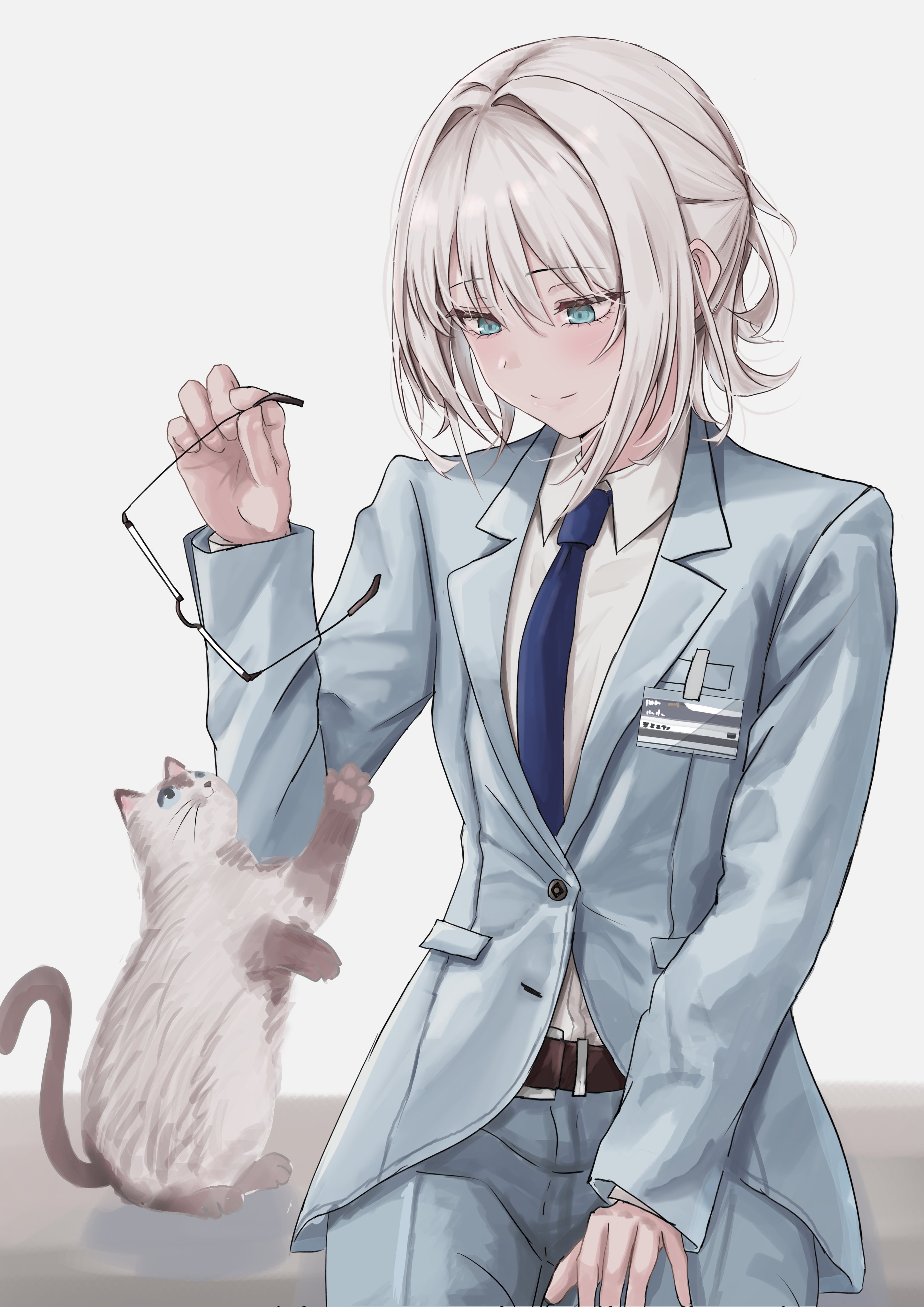 satsumaagee, alva (girls' frontline 2), an-94 (antje) (girls' frontline), an-94 (girls' frontline), girls' frontline, girls' frontline 2: exilium, absurdres, highres, 1girl, aqua jacket, aqua pants, aqua suit, blonde hair, blue necktie, business suit, cat, formal clothes, jacket, necktie, official alternate costume, pants, solo, suit