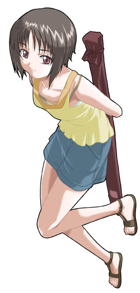 mikage nao, kashiwaba tomoe, rozen maiden, 00s, 1girl, arms behind back, brown eyes, brown hair, feet, female focus, mole, mole under eye, sandals, shinai, short hair, skirt, solo, sword, weapon, weapon bag