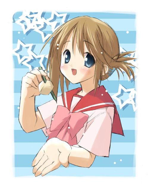 eretto, komaki manaka, to heart (series), to heart 2, 00s, 1girl, blue eyes, blush, female focus, folded ponytail, school uniform, solo, star (symbol)