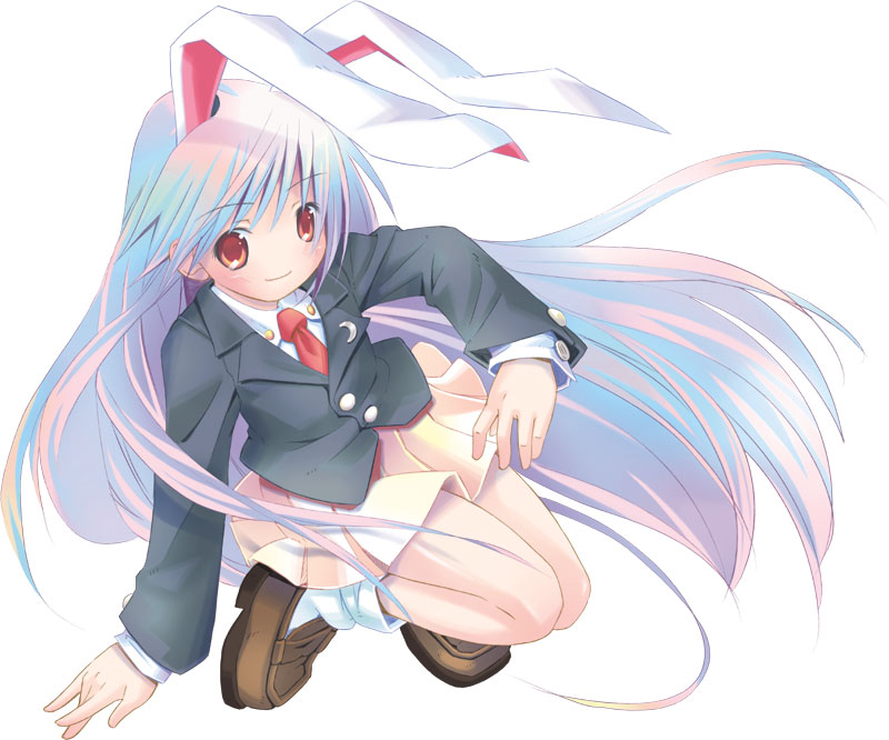 pop, reisen udongein inaba, touhou, 1girl, animal ears, blazer, blue hair, blush, crescent, female focus, full body, gradient hair, jacket, loafers, long hair, looking at viewer, miniskirt, multicolored hair, necktie, pink hair, pleated skirt, rabbit ears, red eyes, red necktie, shoes, simple background, skirt, smile, socks, solo, squatting, straight hair, very long hair, white background, white socks
