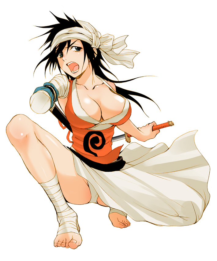 inuburo, shiba kuukaku, bleach, shueisha, 00s, 1girl, amputee, bandages, barefoot, black hair, breasts, cleavage, feet, female focus, full body, katana, large breasts, open mouth, panties, pantyshot, simple background, solo, squatting, sword, underwear, weapon, white panties