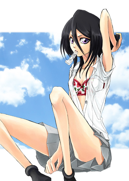kuchiki rukia, bleach, 00s, 1girl, black hair, bra, female focus, hair between eyes, lingerie, mouth hold, open clothes, open shirt, pleated skirt, purple eyes, school uniform, serafuku, shirt, skirt, socks, solo, underwear
