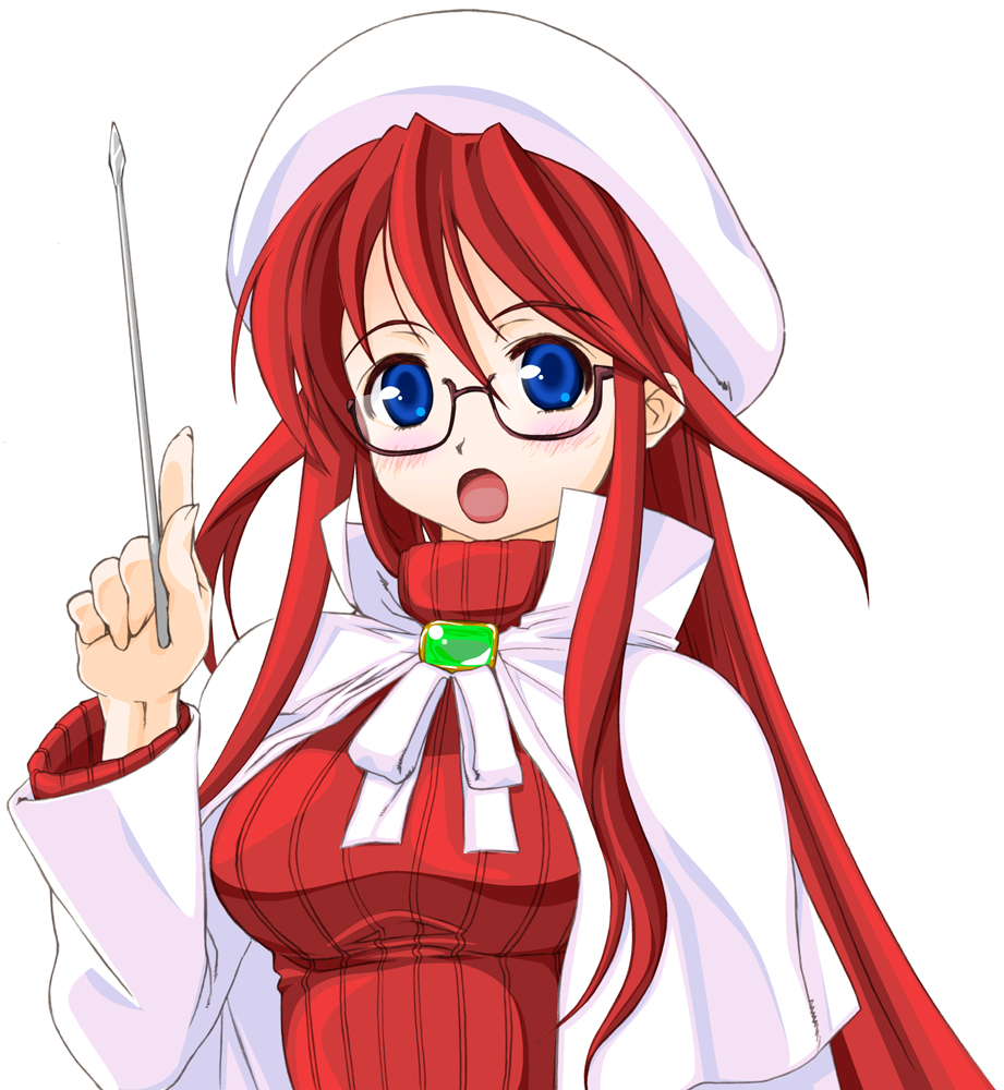 yamaguchi homupe, aty, aty (summon night), summon night, summon night 3, 1girl, blue eyes, brooch, cloak, female focus, glasses, hat, jewelry, long hair, open mouth, pointer, red hair, ribbed sweater, solo, sweater, turtleneck