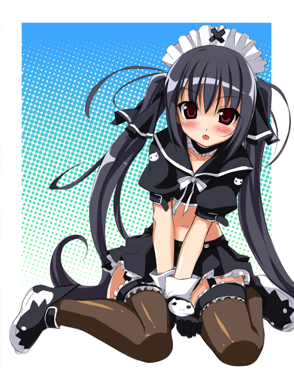 souryuu (double dragon), kooh (pangya), pangya, 1girl, blush, female focus, frilled thighhighs, frills, garter belt, garter straps, gloves, maid, maid headdress, midriff, navel, skirt, solo, thighhighs, zettai ryouiki