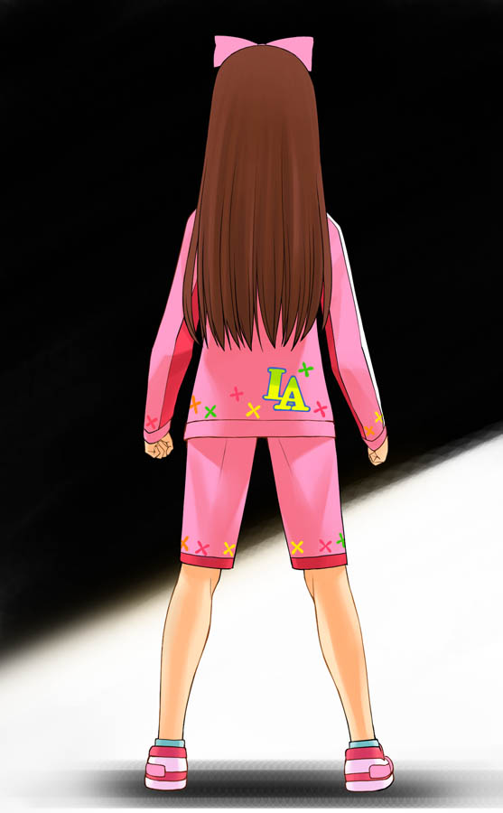 a1 (initial-g), minase iori, idolmaster, idolmaster (classic), idolmaster 1, 00s, 1girl, bow, brown hair, clenched hand, clothes writing, female focus, from behind, hair bow, loli, long hair, shadow, shoes, shorts, sneakers, socks, solo, standing