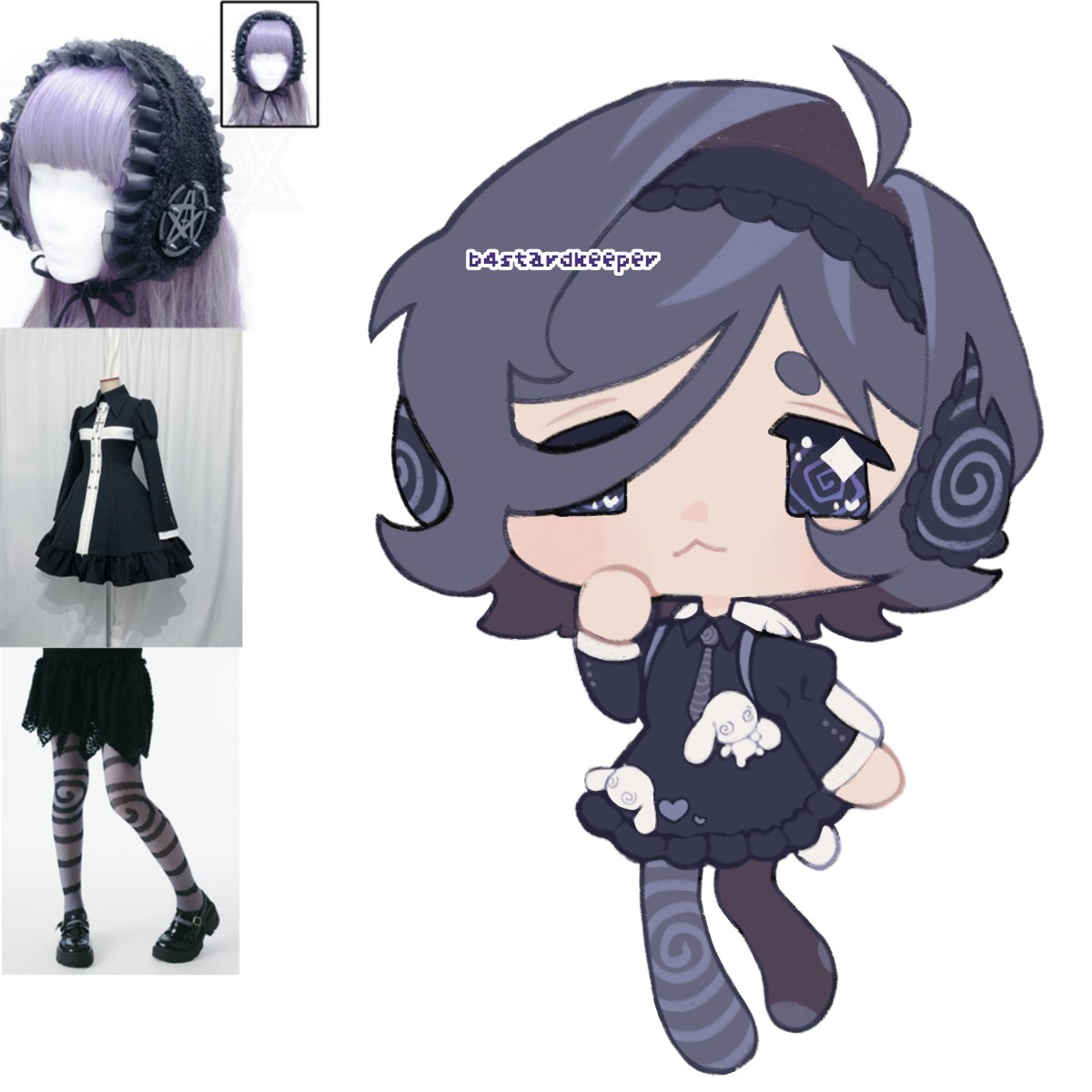 angel martinez, clinical trial (game), highres, 1other, :3, ahoge, alternate costume, b4stardkeeper, chibi, chibi only, dress, gothic lolita, lolita fashion, necktie, reference inset, sparkling eyes