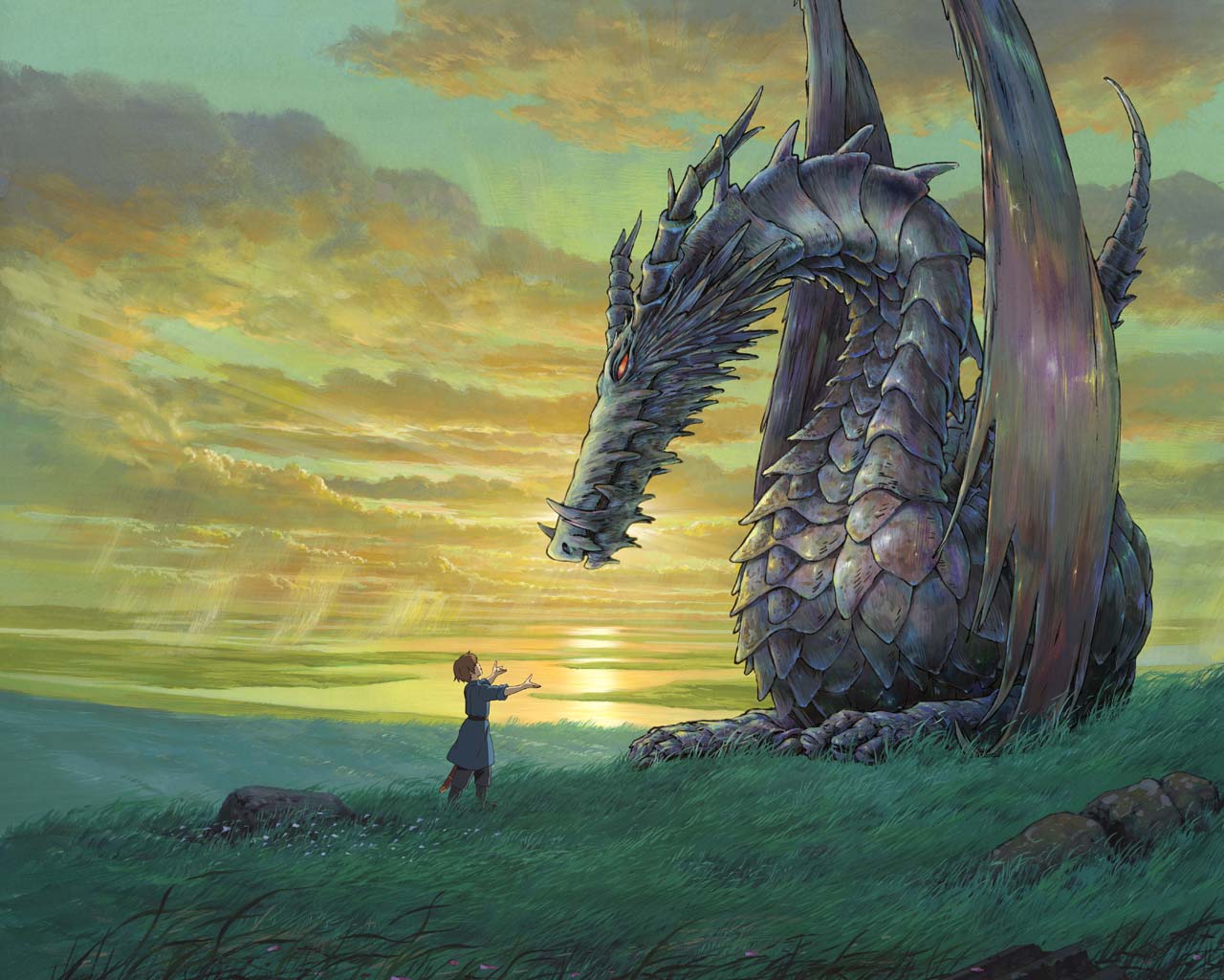 arren, earthsea, gedo senki, studio ghibli, official art, official wallpaper, 1boy, cloud, dragon, gedsenki, grass, male focus, sky, solo