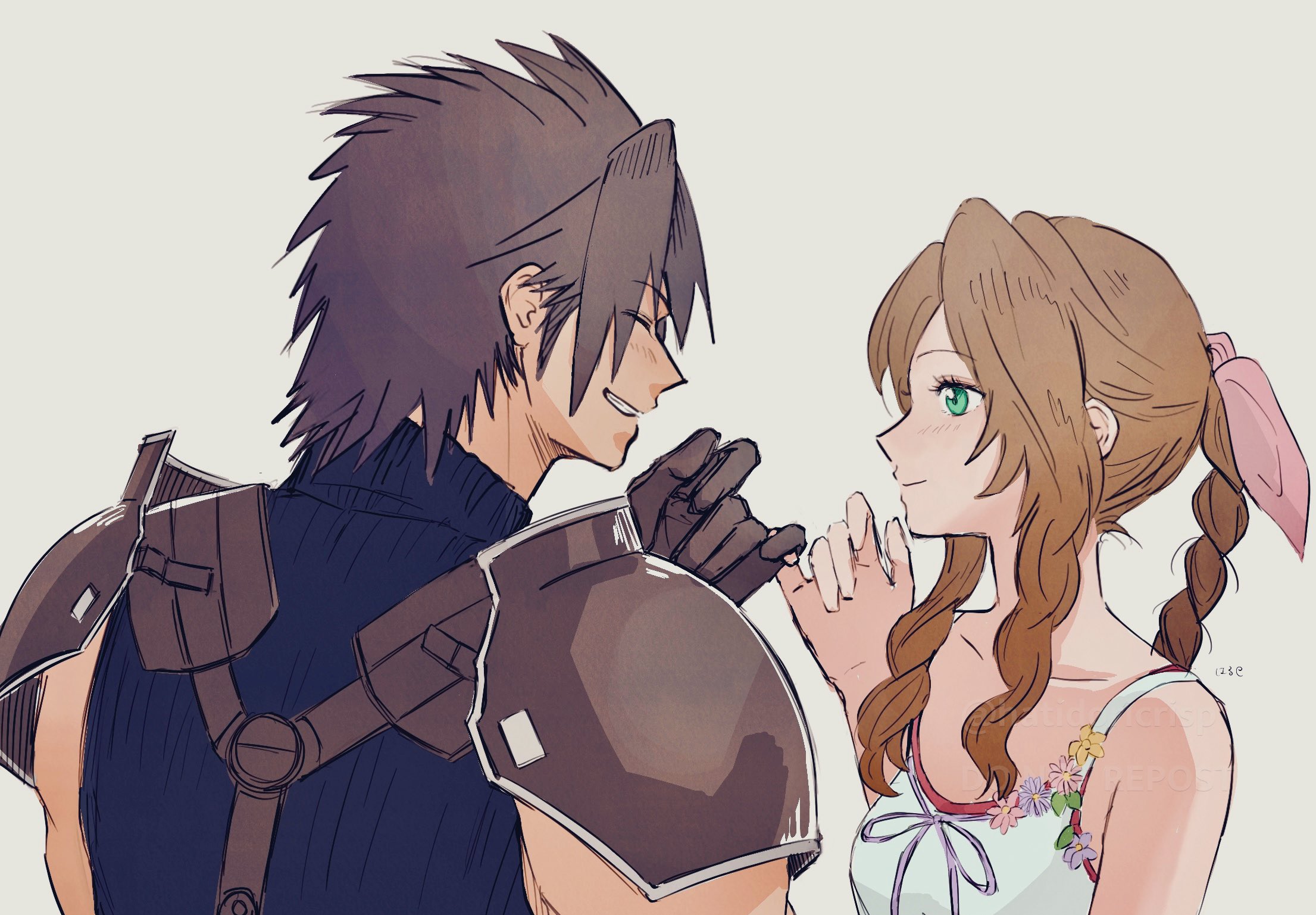 aerith gainsborough, zack fair, crisis core final fantasy vii, final fantasy, final fantasy vii, highres, 1boy, 1girl, armor, bare shoulders, black gloves, black hair, blush, braid, braided ponytail, collarbone, dress, gloves, green eyes, grey background, hair ribbon, hatidoricrisp, long hair, looking at another, parted bangs, parted lips, pink ribbon, pinky swear, ponytail, ribbon, shoulder armor, sleeveless, sleeveless turtleneck, smile, spiked hair, sweater, turtleneck, turtleneck sweater, upper body, white dress