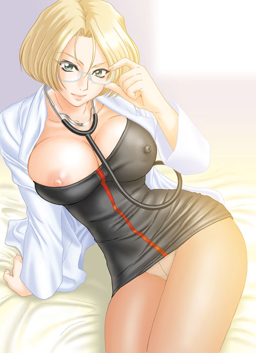 momoya show-neko, maria tachibana, sakura taisen, sega, 00s, 1girl, adjusting eyewear, areola slip, bed, black dress, blonde hair, breasts, covered erect nipples, crotch seam, curvy, doctor, dress, female focus, glasses, green eyes, huge breasts, lab coat, large breasts, legs, miniskirt, nipple slip, nipples, nurse, panties, panties under pantyhose, pantyhose, pantyshot, see-through clothes, short dress, short hair, skirt, solo, stethoscope, thighs, tight clothes, tight dress, underwear, upskirt, white panties