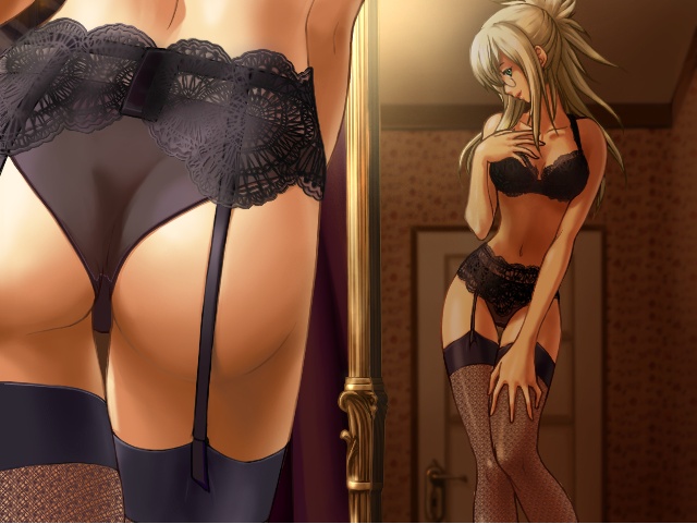 kama mizaki, kibara (mayu), mayu ~yuki no knife~, game cg, 1girl, ass, black bra, black panties, black thighhighs, blonde hair, bra, breasts, feet out of frame, female focus, fishnet thighhighs, fishnets, garter belt, garter straps, glasses, green eyes, indoors, lace, lace-trimmed bra, lace trim, lingerie, long hair, medium breasts, mirror, navel, panties, ponytail, reflection, solo, thighhighs, underwear, underwear only