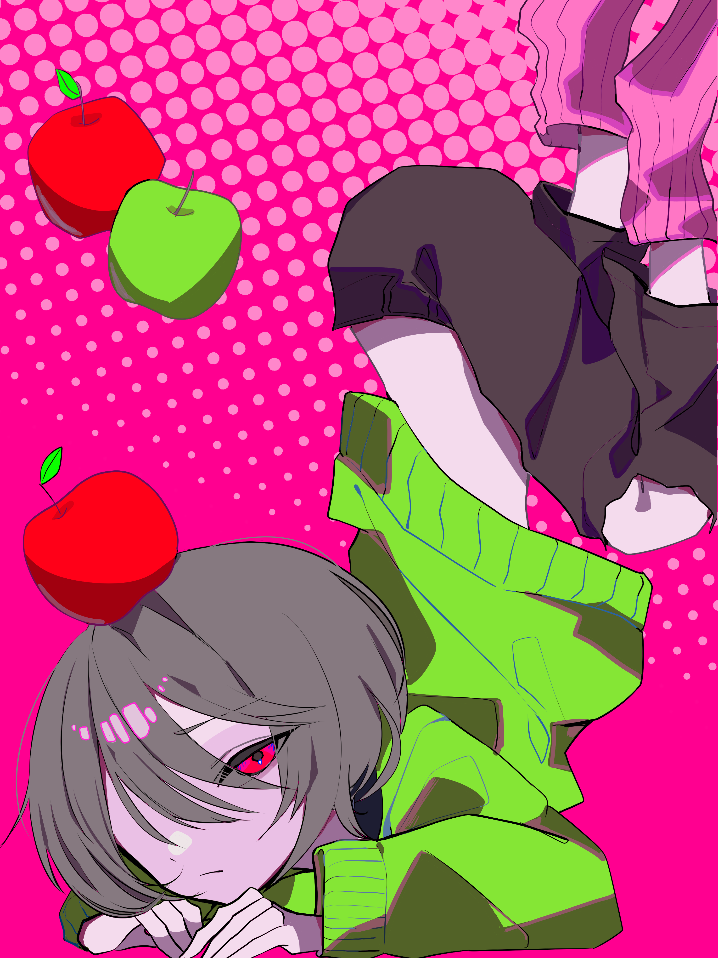 kris (deltarune), deltarune, utdr (toby fox), absurdres, commentary request, highres, 1other, apple, apple on head, black pants, brown hair, food, fruit, green apple, green sweater, other focus, pants, pink background, pink socks, raique, red eyes, short hair, socks, solo, sweater