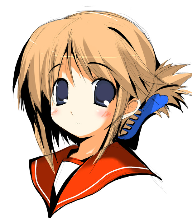 oshiki hitoshi, komaki manaka, to heart (series), to heart 2, 00s, 1girl, blonde hair, blue eyes, blush, claw hair clip, female focus, folded ponytail, hairclip, school uniform, serafuku, short hair, solo