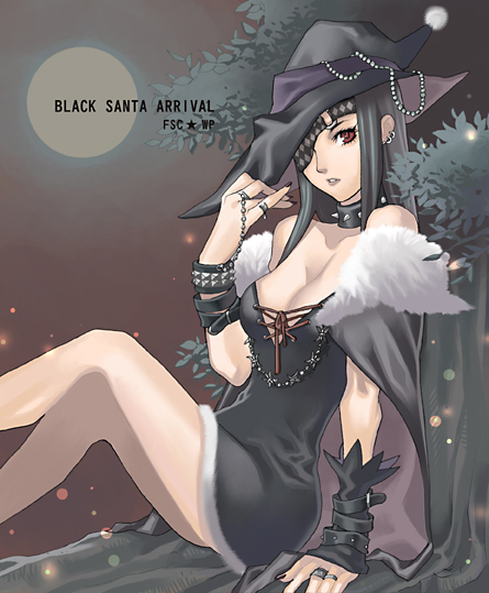hidematsu (fsc), original, 1girl, black hair, black santa costume, blacksanta, breasts, cape, christmas, cleavage, ear piercing, earrings, eyepatch, female focus, hat, jewelry, long hair, medium breasts, piercing, red eyes, santa costume, solo, witch hat