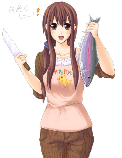 unasaka ryou, original, tagme, brown eyes, brown hair, fish, knife, simple background, solo, white background