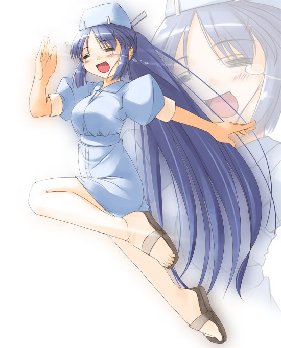 jirou (chekoro), 1girl, feet, female focus, happy, hat, nurse, open mouth, pantyhose, sandals, smile, solo, toes, white background