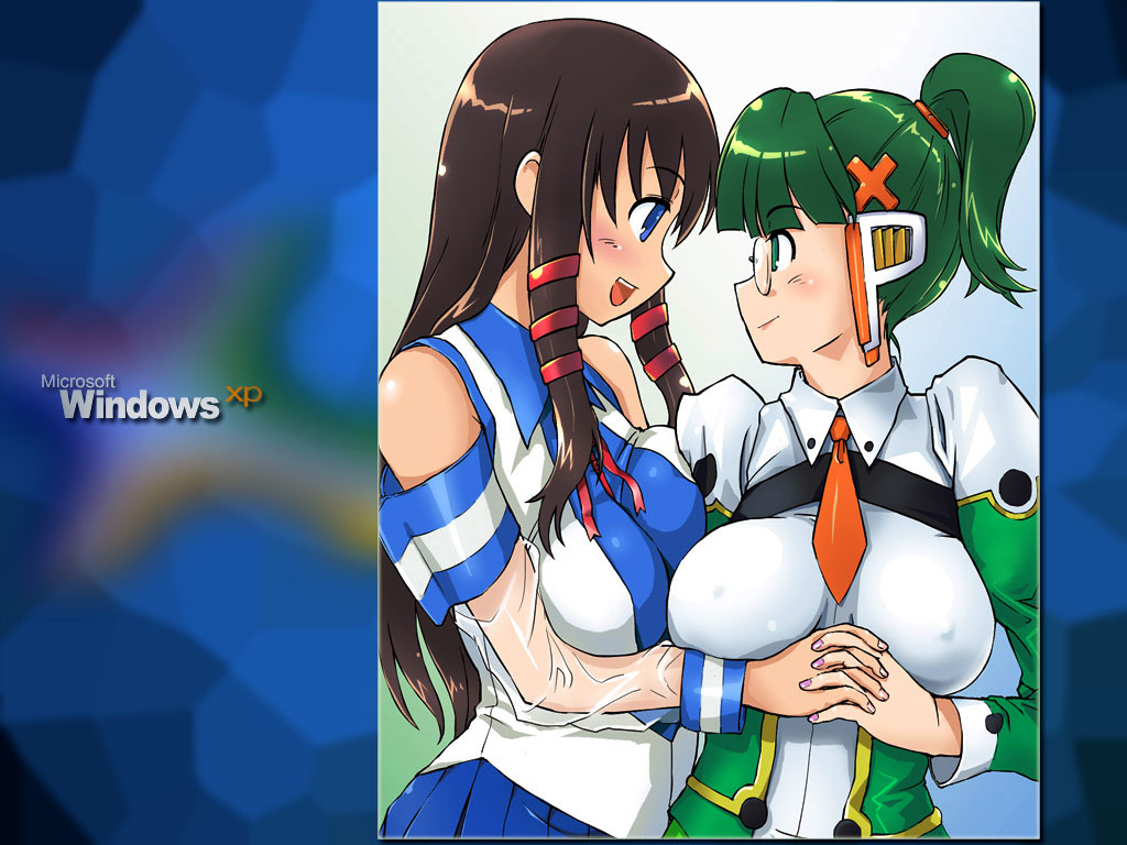 homeko, xp-tan, xp home-tan, xphome, os-tan, 2girls, breast press, breasts, green hair, large breasts, multiple girls, symmetrical docking, yuri