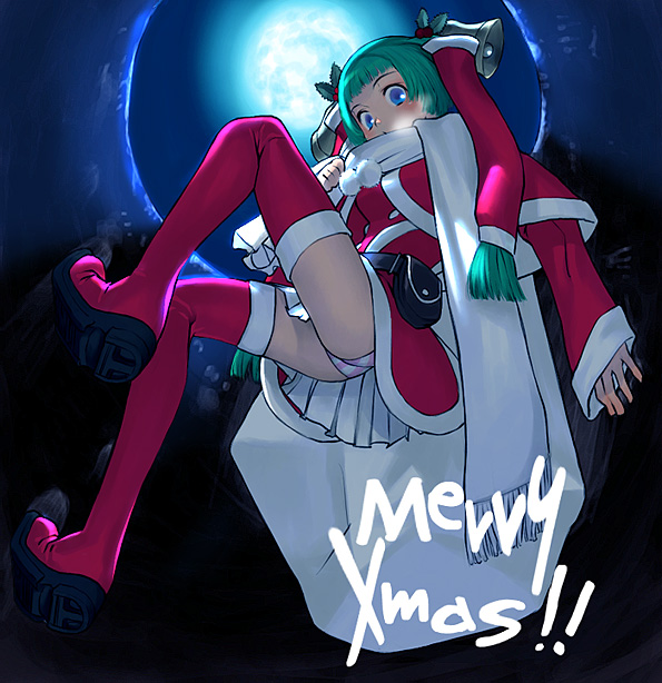 sakamoto mineji, original, bell, blue eyes, blush, christmas, climbing, from below, green hair, hair ornament, miniskirt, panties, pantyshot, santa costume, scarf, skirt, solo, striped clothes, striped panties, thighhighs, twintails, underwear, upskirt, white panties