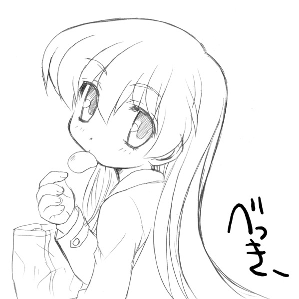 aoi kumiko, rebecca miyamoto, pani poni dash!, translation request, 00s, 1girl, child, chips (food), female focus, food, greyscale, monochrome, mouth hold, potato chips, sketch, solo