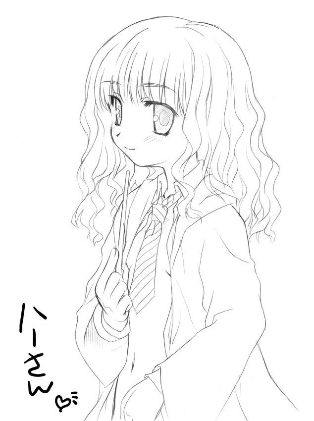 aoi kumiko, hermione granger, harry potter (series), wizarding world, translation request, breasts, greyscale, loli, monochrome, open clothes, open shirt, revealing clothes, school uniform, serafuku, shirt, sideboob, solo