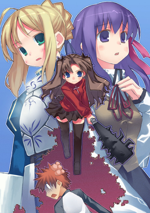 yasu, artoria pendragon (fate), emiya shirou, matou sakura, mitsukai dokuro, saber (fate), tohsaka rin, bokusatsu tenshi dokuro-chan, fate/stay night, fate (series), 1boy, 3girls, armor, blonde hair, chibi, club, crossover, excalibolg, multiple girls, parody, spiked club, thighhighs, turtleneck, weapon