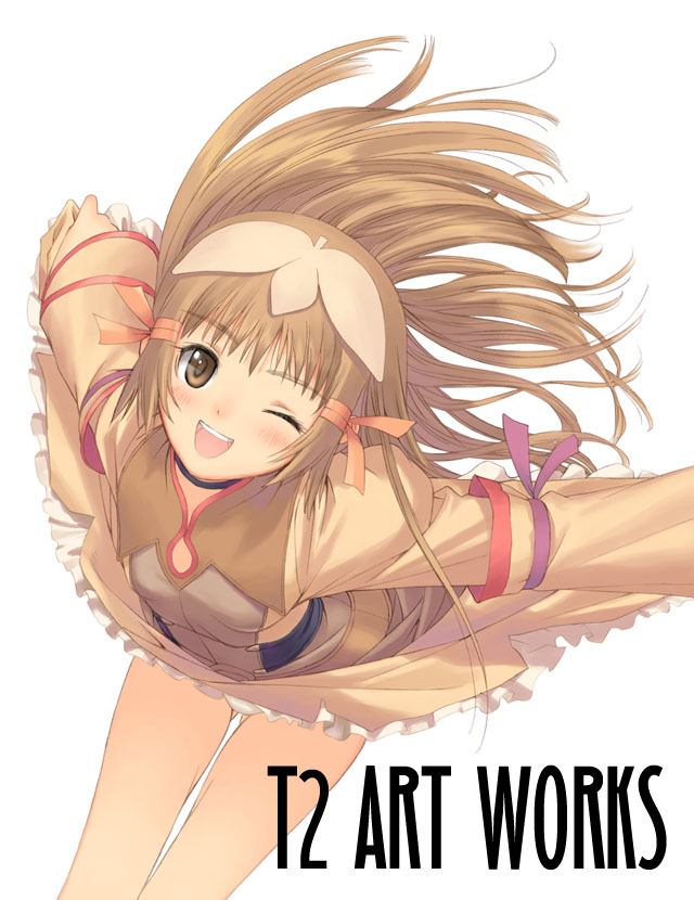 tony taka, re mii, zoids, zoids genesis, 00s, 1girl, blush, brown eyes, brown hair, clothes lift, dress, dress lift, female focus, hair ribbon, jumpink, lingerie, long hair, one eye closed, panties, pantyshot, petticoat, ribbon, sitting, skirt, skirt lift, solo, tress ribbon, underwear, upskirt, white panties, wind, wink