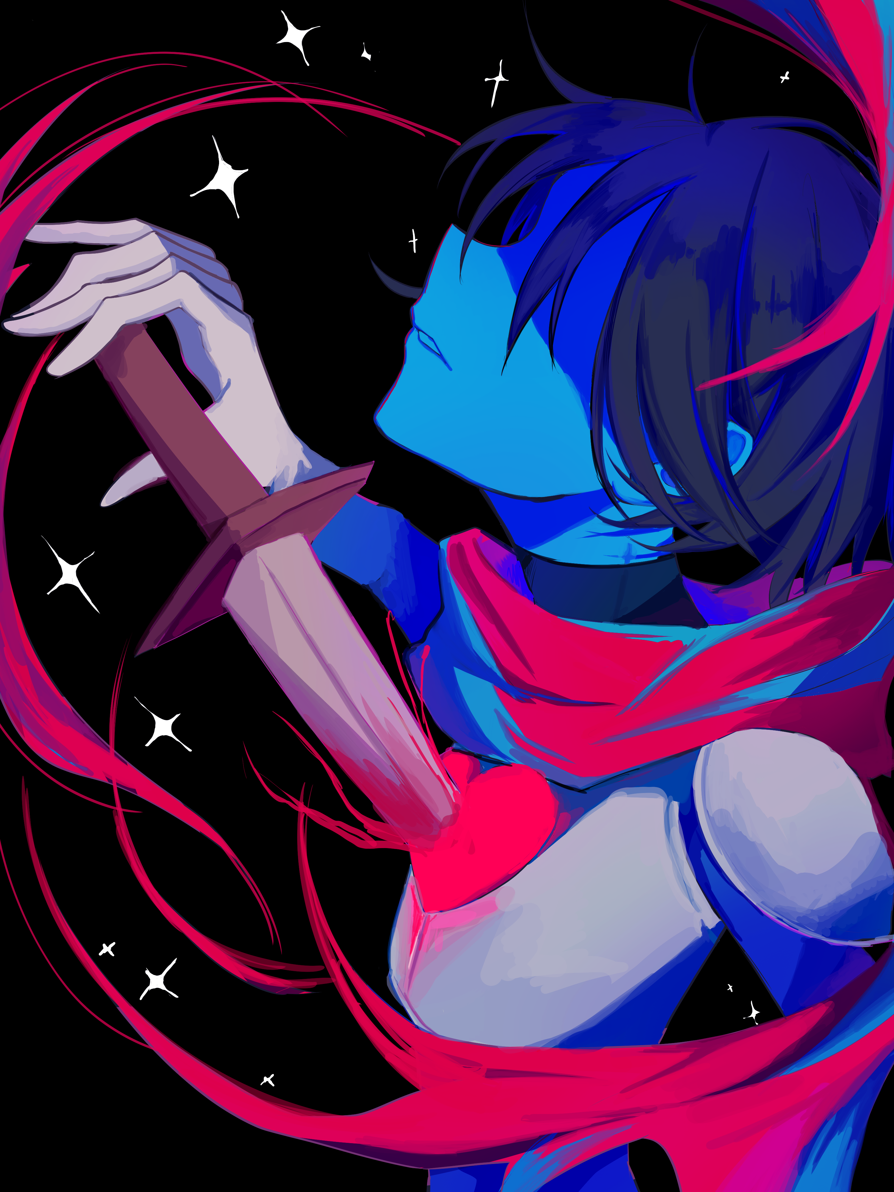 kris (dark world) (deltarune), kris (deltarune), soul (deltarune), deltarune, utdr (toby fox), absurdres, commentary request, highres, 1other, armor, black background, blood, bloody weapon, blue skin, colored skin, gloves, heart, other focus, parted lips, partially shaded face, raique, red scarf, scarf, short hair, weapon