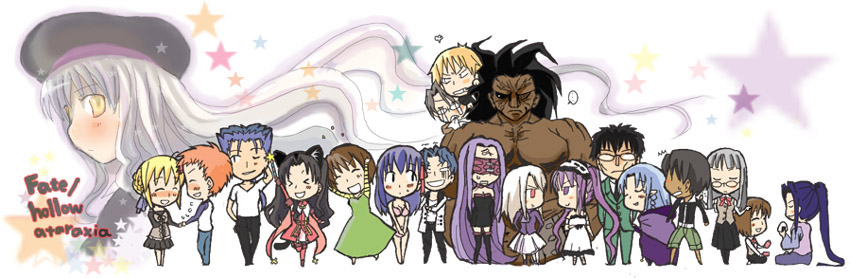 aki (saprism), artoria pendragon (fate), caren hortensia, cu chulainn (casual wear) (fate), cu chulainn (fate), cu chulainn (fate/stay night), emiya shirou, euryale (fate), fujimura taiga, gilgamesh (fate), heracles (fate), himuro kane, illyasviel von einzbern, kaleido ruby, kuzuki souichirou, makidera kaede, matou sakura, matou shinji, medea (caster) (fate), medea (fate), medusa (fate), medusa (rider) (fate), mitsuzuri ayako, saber (fate), saegusa yukika, sasaki kojirou (fate), stheno (fate), tohsaka rin, toosaka rin, fate/hollow ataraxia, fate/stay night, fate (series), 00s, 6+boys, 6+girls, assassin, blonde hair, chibi, everyone, multiple boys, multiple girls, official alternate costume, pantyhose, thighhighs
