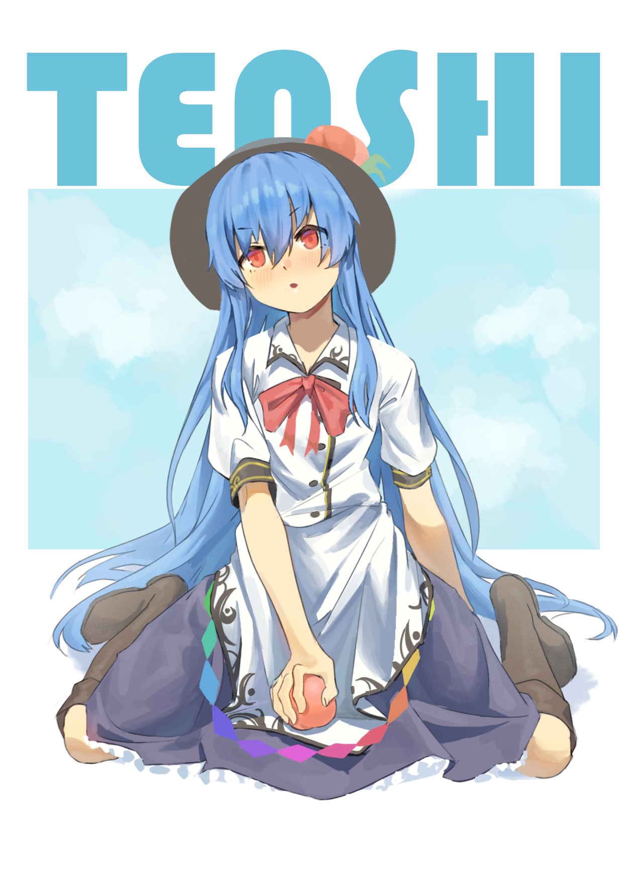 yorange17, hinanawi tenshi, touhou, commentary, highres, 1girl, black hat, blue hair, blush, boots, bow, bowtie, brown boots, character name, collared shirt, food, fruit, fruit hat ornament, hat, hat ornament, holding, holding food, holding fruit, knee boots, leaf hat ornament, long hair, looking at viewer, open mouth, peach, peach hat ornament, puffy short sleeves, puffy sleeves, purple skirt, rainbow order, red bow, red bowtie, red eyes, shirt, short sleeves, sitting, skirt, very long hair, wariza, white shirt