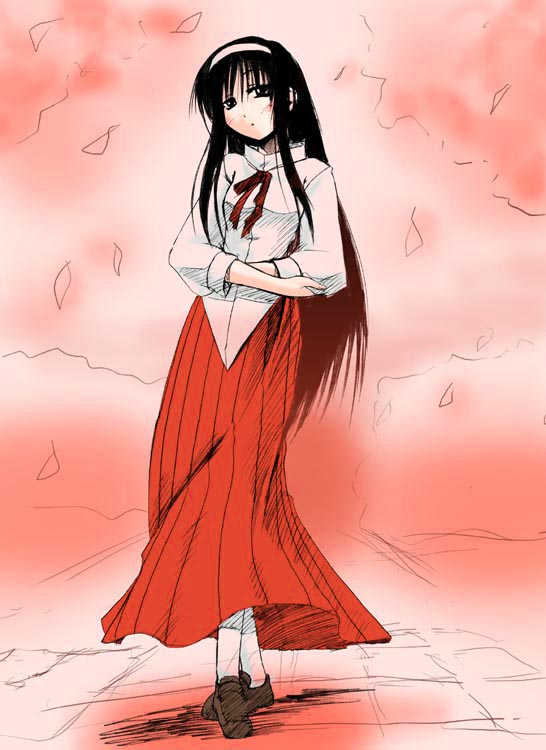 tohno akiha, tsukihime, 00s, 1girl, :o, black eyes, black hair, blue eyes, blush, bow, bowtie, cherry blossoms, crossed arms, crossed legs, dress shirt, female focus, flat chest, hair between eyes, hairband, head tilt, loafers, long hair, long skirt, long sleeves, looking at viewer, open mouth, outdoors, petals, pleated skirt, red skirt, school uniform, shirt, shoes, sidelocks, sitting, sketch, skirt, socks, solo, standing, turtleneck, very long hair, watson cross, white socks