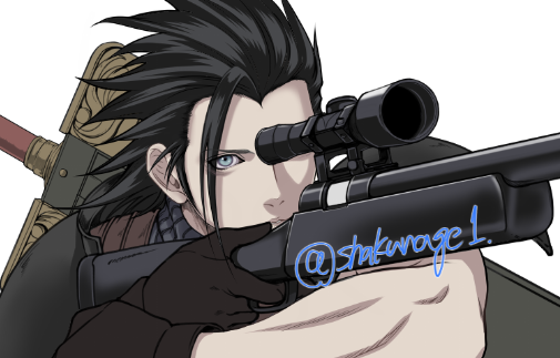 shakunage1, zack fair, crisis core final fantasy vii, final fantasy, final fantasy vii, commentary request, 1boy, aiming, armor, black hair, black pants, blue eyes, blue shirt, boots, brown gloves, buster sword, character name, english text, gloves, grey boots, gun, hair slicked back, holding, holding gun, holding weapon, male focus, medium hair, muscular, muscular male, pants, pauldrons, rifle, scope, shirt, shoulder armor, sleeveless, sleeveless turtleneck, sniper rifle, solo, suspenders, turtleneck, twitter username, upper body, weapon, weapon on back, white background