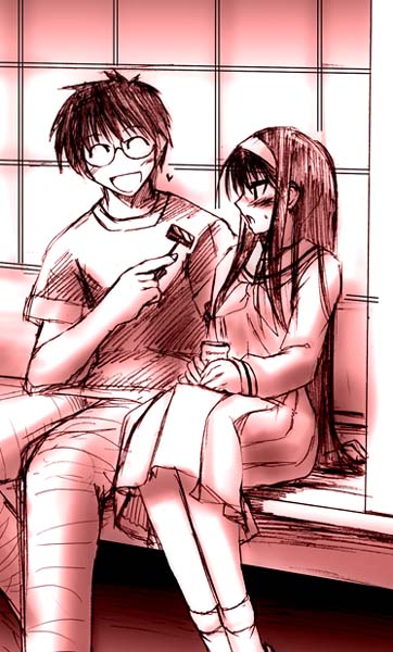 tohno akiha, tohno shiki, tsukihime, step-brother and step-sister, 00s, 1boy, 1girl, ^ ^, blush, brother and sister, brother and step-sister, closed eyes, cup, embarrassed, feeding, food, hairband, heart, monochrome, outdoors, school uniform, siblings, sitting, sketch, smile, spoken heart, step-siblings, teacup