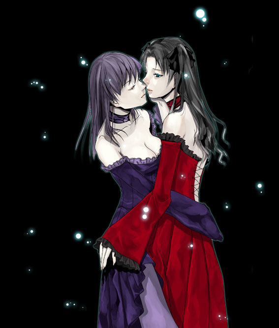 yoshimune (b12f), matou sakura, tohsaka rin, fate/hollow ataraxia, fate/stay night, fate (series), bad id, bad pixiv id, 00s, 2girls, bare shoulders, black hair, blue eyes, breasts, cleavage, closed eyes, detached sleeves, dress, goth fashion, hair ribbon, hug, imminent kiss, incest, long hair, multiple girls, purple hair, ribbon, siblings, sisters, strapless, strapless dress, two side up, yuri