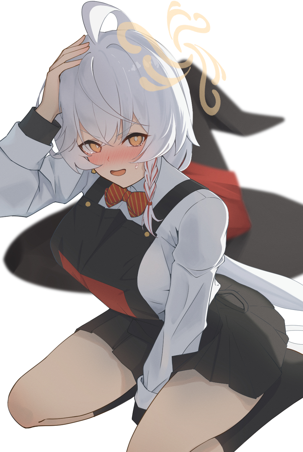 eri (blue archive), blue archive, ankle socks, apron, bow, bowtie, braid, halo, hat, kneeling, long hair, orange eyes, shirt, skirt, socks, sweatdrop, sweater, tears, thighs, unworn hat, unworn headwear, white hair, witch hat
